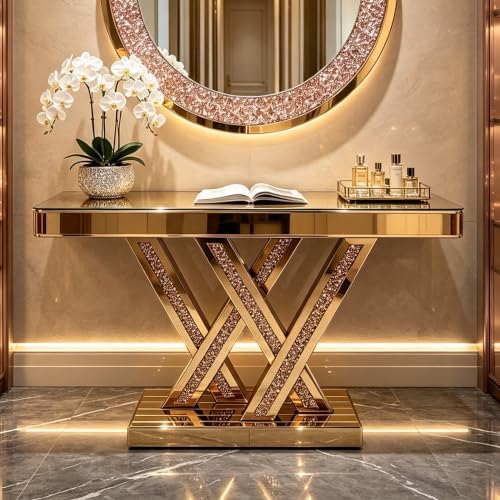 Mirrored Console Table with Crushed Diamond Inlay, 35.4" W-Shaped by Unknown