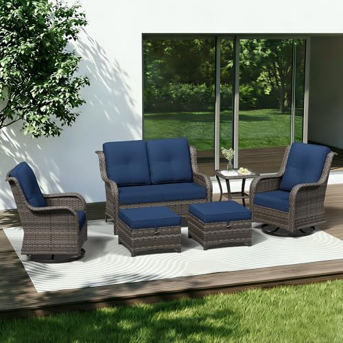 6 Piece Outdoor Wicker Patio Furniture Set, Outdoor Swivel Rocker Patio Chairs by Gardenbee