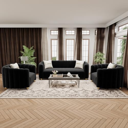 3-Piece Black Velvet Tufted Sofa Set by yunqishiHOME