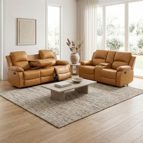 Bonded Leather Living Room Furniture, 2 Pieces Recliner Sofa and Loveseat Set by Unknown