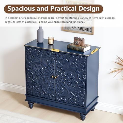 31" Accent Storage Cabinet, Floral Embossed 2 Door Sideboard, Midnight Blue - Image 4