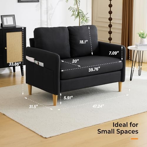 VINGLI 47" Small Couch, Linen Loveseat Sofa Black Mini Couch Mid Century Modern - Image 2