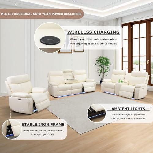 Power Recliner Sofa Set, Leather Living Room Furniture Set, 3 Piece Living Room - Image 4