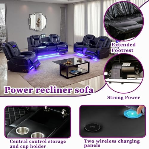 Power Recliner Sofa Set with LED, 3 Pieces Sectional Couch, Breathing Leather - Image 3