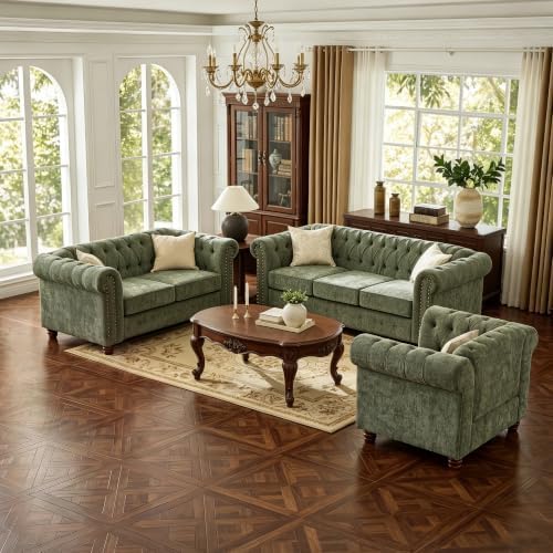 Modern 3-Piece Chesterfield Chenille Sofa Sets, Sofa&Loveseat&Armchair by MordenFortFurniture