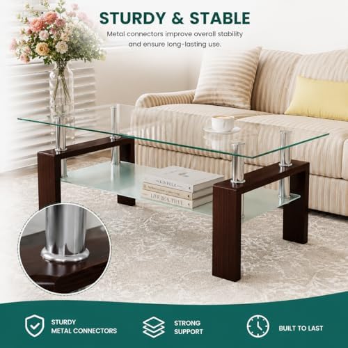 IANIYA Black Walnut Rectangle Tempered Glass Coffee Table Metal Tube Legs End - Image 6
