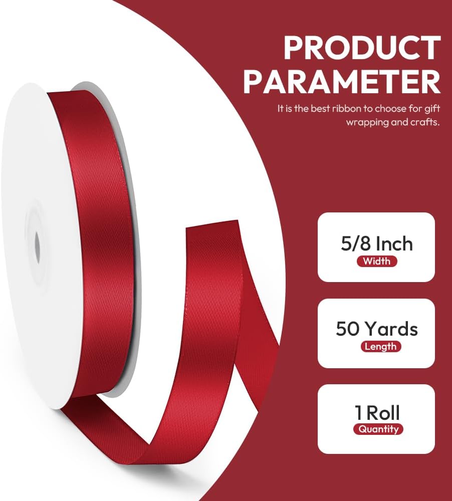 5/8" x 50 Yards Satin Ribbon - Burgundy Silk Ribbon with Spool - Ideal for Gift Wrapping, Floral Bouquets, Crafts, Wedding Party Decorations, Christmas and Sewing Projects