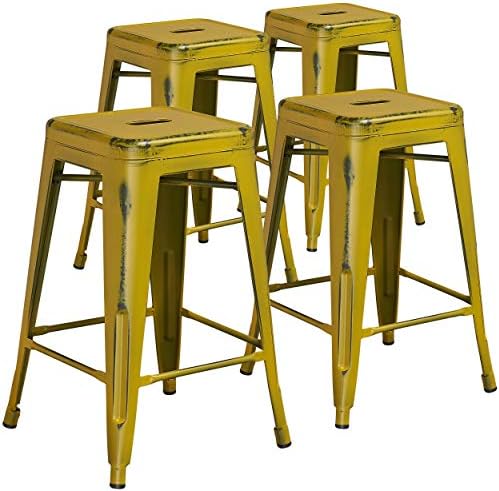 Flash Furniture Kai Commercial Grade 4 Pack 24" High Backless Distressed Orange by FlashFurniture