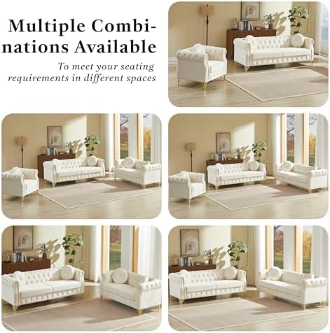 82" Beige 3-Seater Velvet Chesterfield Sofa - Image 4