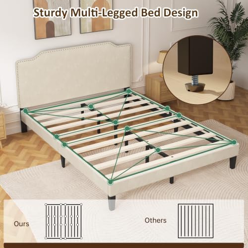 Queen Size Bed Frame with Upholstered Headboard, Platform Bed with Velvet - Image 5