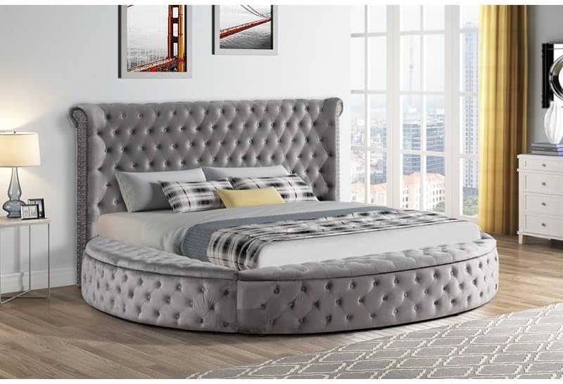First of a Kind Circle Velvet Tufted Upholstered Platform Storage Bed - Image 2