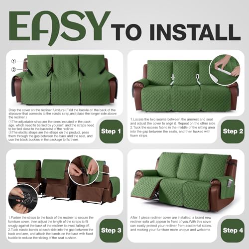 KinCam Waterproof Recliner Sofa Covers Washable, 3 Seater, Vine Green - Image 6