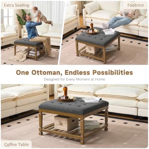 Befurtori Ottoman with Storage Bench, Linen Ottoman Coffee Table, Dark Gray - Image 4