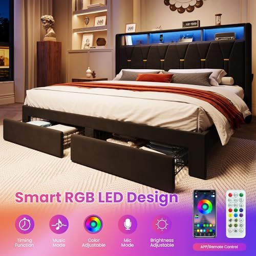 SHA CERLIN King Bed Frame, 2 Storage Drawers & 2-Tier Storage Headboard - Image 3