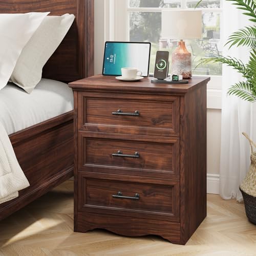 YANSNWO Walnut Nightstand with Charging Station, 19.7" 3-Drawer End Table - Image 2