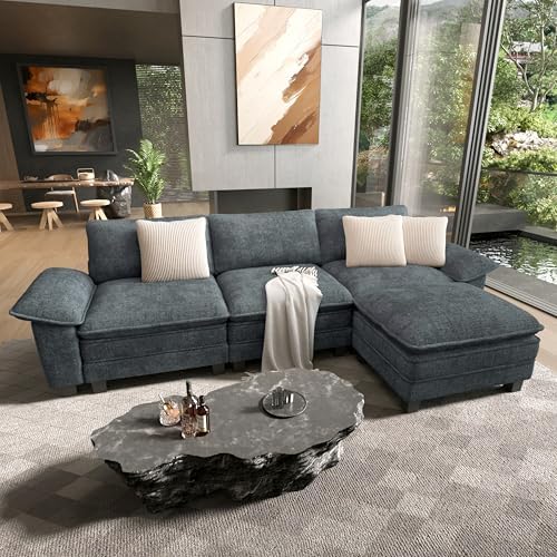 HERA'S HOUSE 124" Oversized Modular Sectional L Shaped Sofa, Chenille Blue by HERASHOUSE