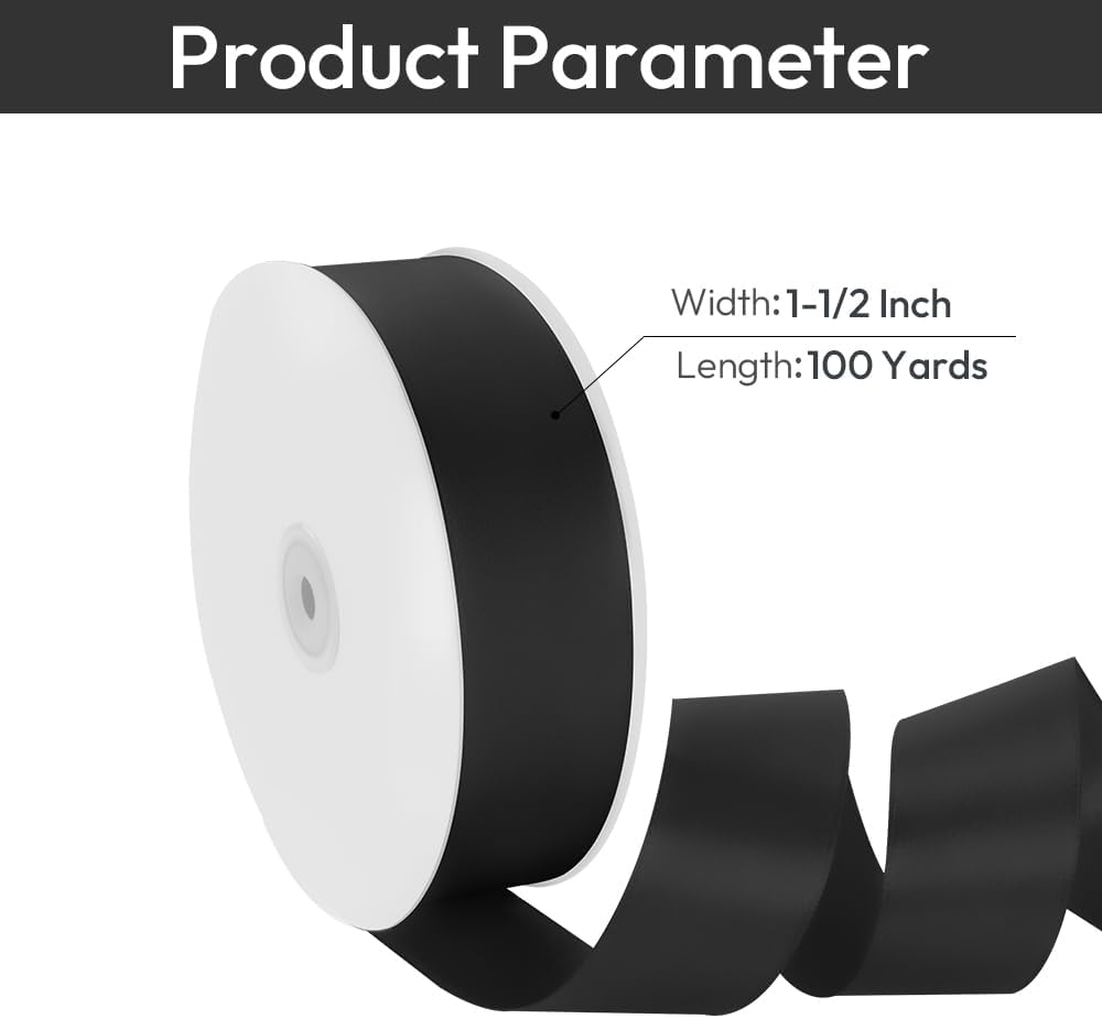 1-1/2" Width x 100 Yards Satin Ribbon, Black Ribbon Perfect for DIY Craft, Bows, Gift Wrapping, Flower Bouquet, Valentine's Day, Christmas and Halloween Party Decoration