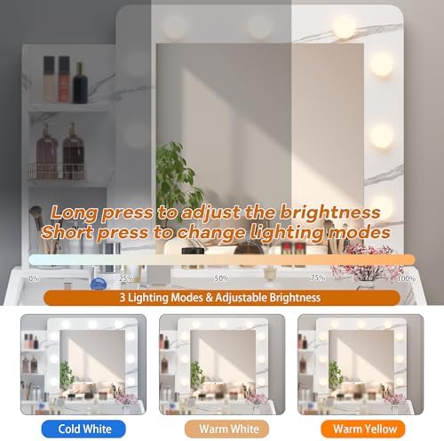 Vanity Desk with Power Outlet, Makeup Vanity with Large Mirror and LED Lights - Image 4