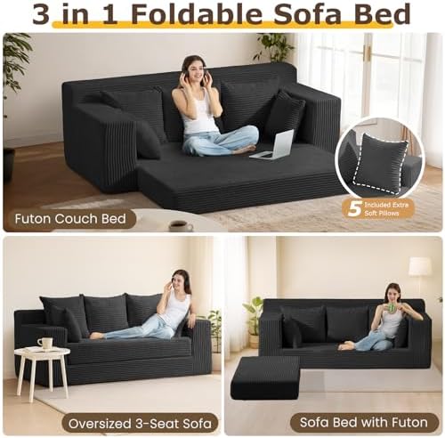 3 Seater Boneless Couch for Living Room, Convertible Futon Sofa Bed Comfy Pull - Image 3