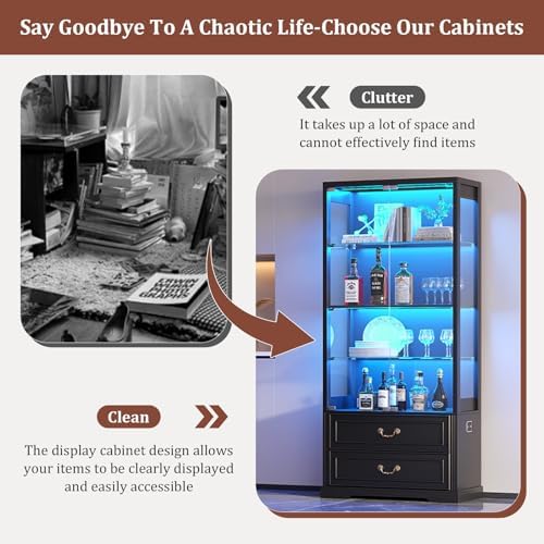 TAGELIER Display Cabinet with Glass Doors and LED Lights, 2 Drawers - Image 6