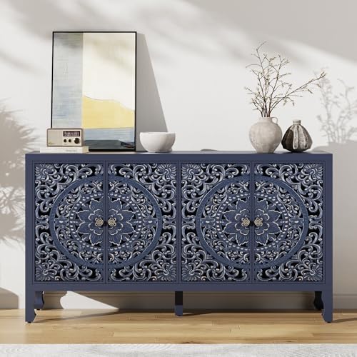 Buffet Cabinet with Storage, Accent Cabinet with 4 Carved Doors, Solid Wood by Furnivado
