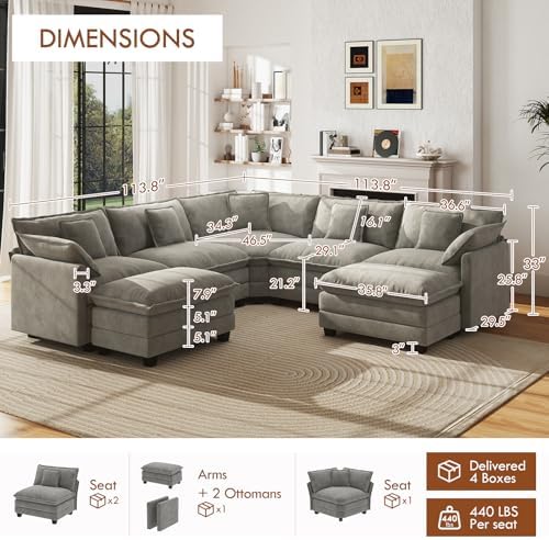 WorthFurni 114" Oversized Modular Sectional Sofa, 7-Seater V Shaped Cloud Couch - Image 2