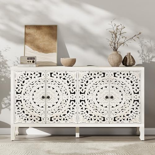 Buffet Cabinet with Storage, Accent Cabinet with 4 Carved Doors, Solid Wood by Furnivado