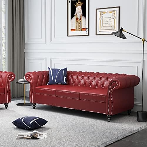 ORRD Chesterfield Sofa Leather, Modern PU Tufted Couch 3 Seater - Image 4