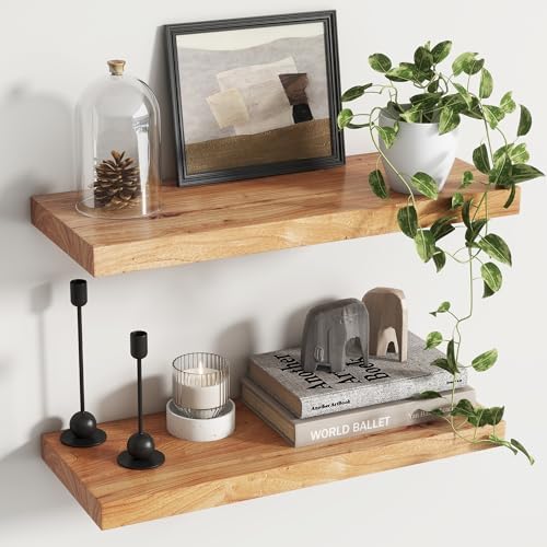 24 inch Floating Shelves for Wall, Elm Wood Flat Edge by Venusmiles