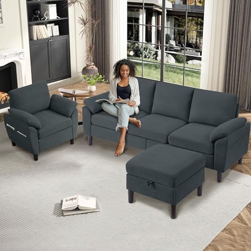 3 Piece Convertible Sectional Sofa Set, Modern Linen Small L Shaped Couch - Image 3