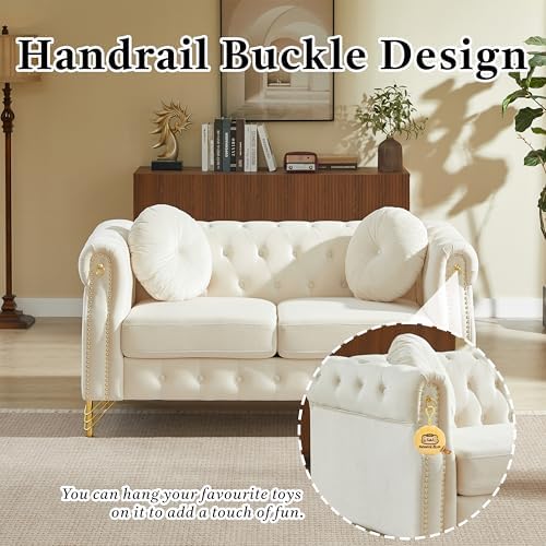 82" Beige 3-Seater Velvet Chesterfield Sofa - Image 5