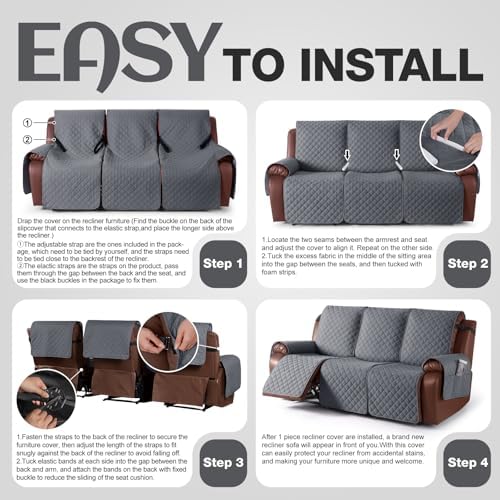 KinCam Waterproof Recliner Sofa Covers Washable, 3 Seater, Dark Gray - Image 6