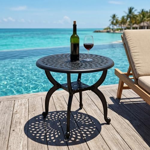 Cast Aluminum Outdoor Side Table, All Weather Round Small Coffee Table - Image 2