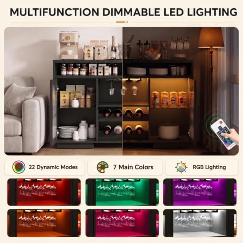 54" Coffee Bar Cabinet with Storage, LED Lights and Arched Glass Doors - Image 3