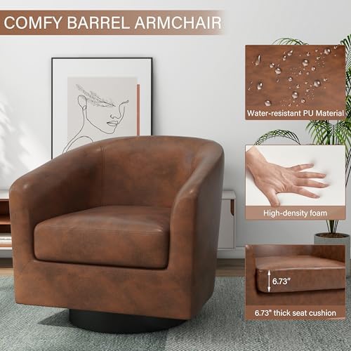Pia Ricco Set of 4 Faux Leather 360° Swivel Barrel Accent Chair Brown - Image 3