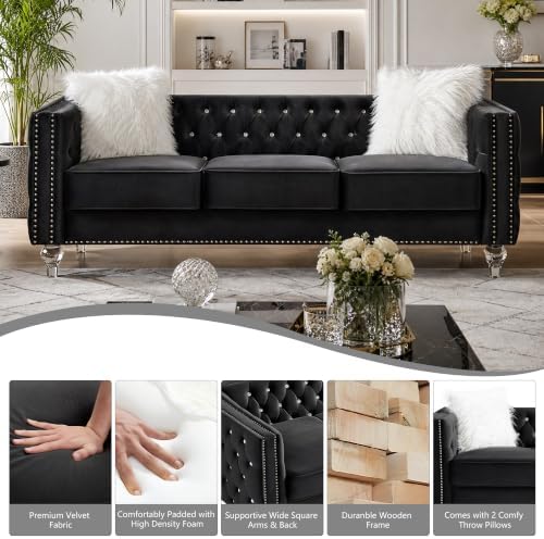 Aoowow Chesterfield 3 Seater Sofa Diamond Button Tufted, Modern Velvet Black 3 - Image 3