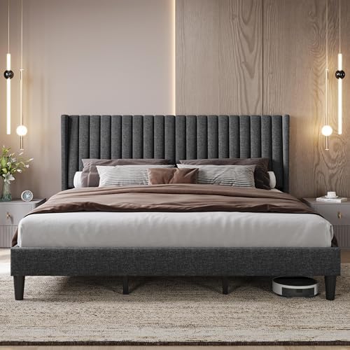 Yaheetech King Bed Frame with Headboard, Dark Gray Channel-Tufted Platform by Yaheetech