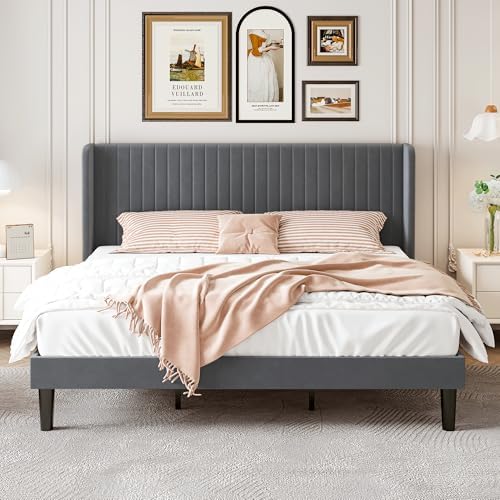 SHA CERLIN King Size Velvet Bed Frame, Tufted Wingback Headboard - Image 3