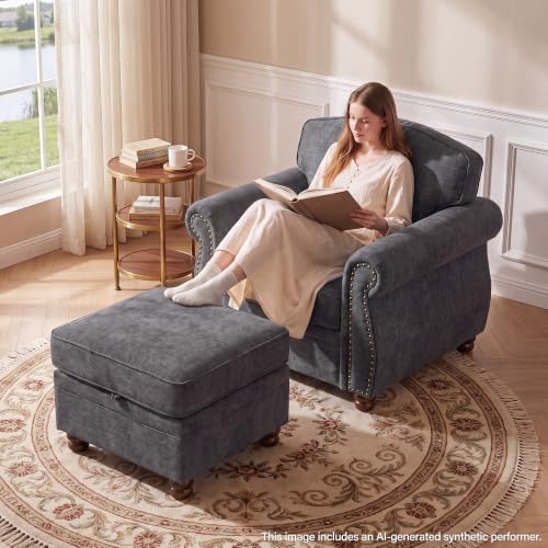 Traditional Accent Chair with Storage Ottoman, Dark Gray - Image 3