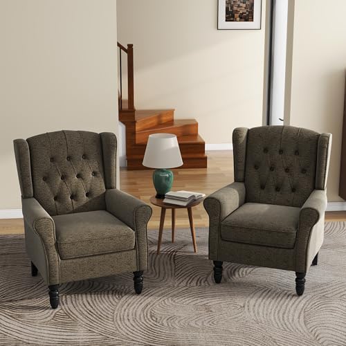 High Back Accent Chairs Set of 2, Wingback Armchair in Fabric by UIXE