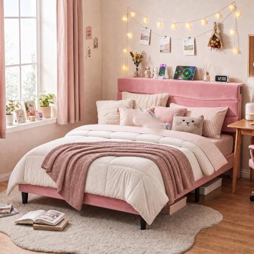 EnHomee Queen Bed Frame with Upholstered Headboard & Charging Station - Image 6