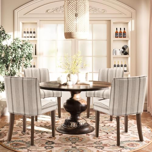 Farmhouse Dining Chairs Set of 4 Khaki Stripe Upholstered Linen Kitchen Chairs - Image 5