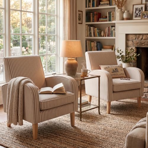 HNY Striped Coastal Accent Chairs Set of 2 Wood Living Room Chair by HNY