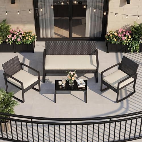 IDEALHOUSE 4 Piece Outside Patio Furniture Set, Outdoor Wicker Rocking Chair - Image 3