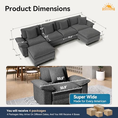 SUNSHINE VALLEY 157.5" U Shaped Modular Cloud Couch Sectional Sofa Ottoman - Image 2