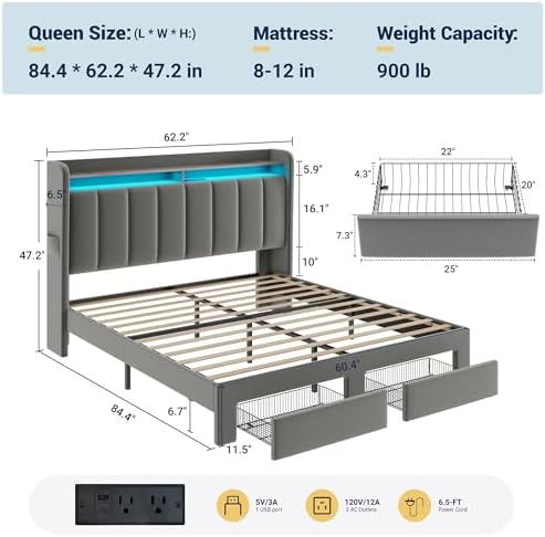 Allewie Queen Bed Frame with 2-Tier Storage Headboard & 2 Large Drawers - Image 2