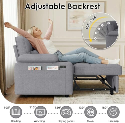58'' Convertible Sofa Bed with USB Charger and Cup Holders, Teddy Fabric - Image 3