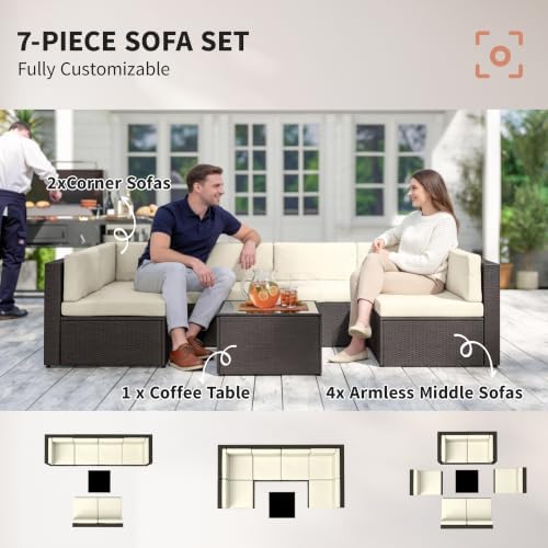 Outsunny 7 Piece Patio Furniture Set Wicker Outdoor Sectional Cream White - Image 6