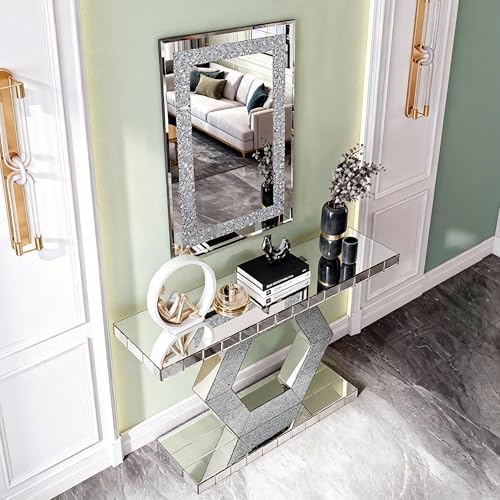 Hexagon Silver Mirrored Console Table and Wall Mirror Set, 2 Piece Silver - Image 4
