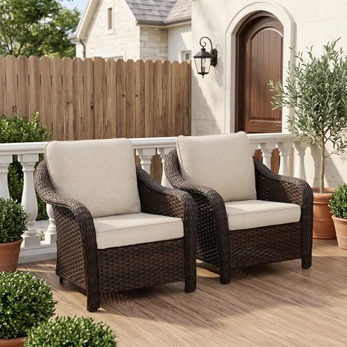 Outdoor Wicker Chair Set of 2, All-Weather Use Patio Rattan Chair by Qsoer